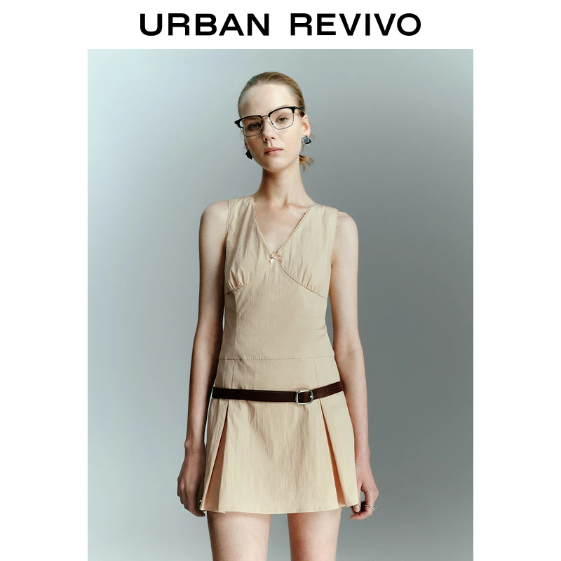 UR2025春季新款女装拼接蕾丝V领超短款连衣裙UYY750036