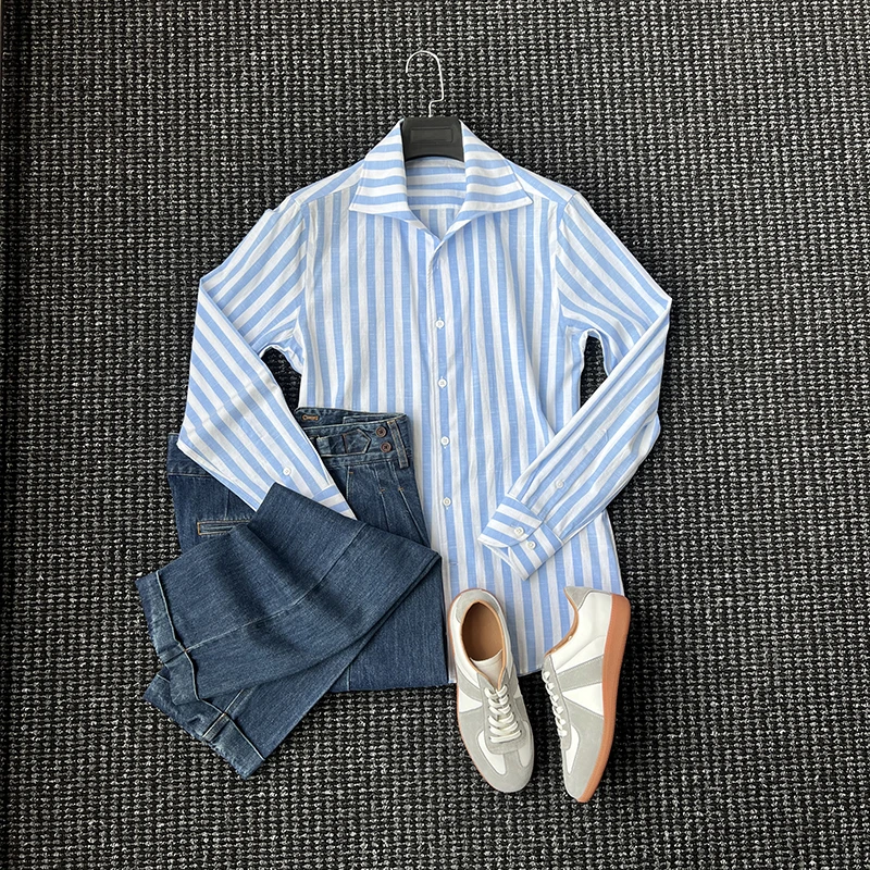 高定系列那不勒斯复古条纹一片领衬衫男士商务休闲抗皱透气衬衣