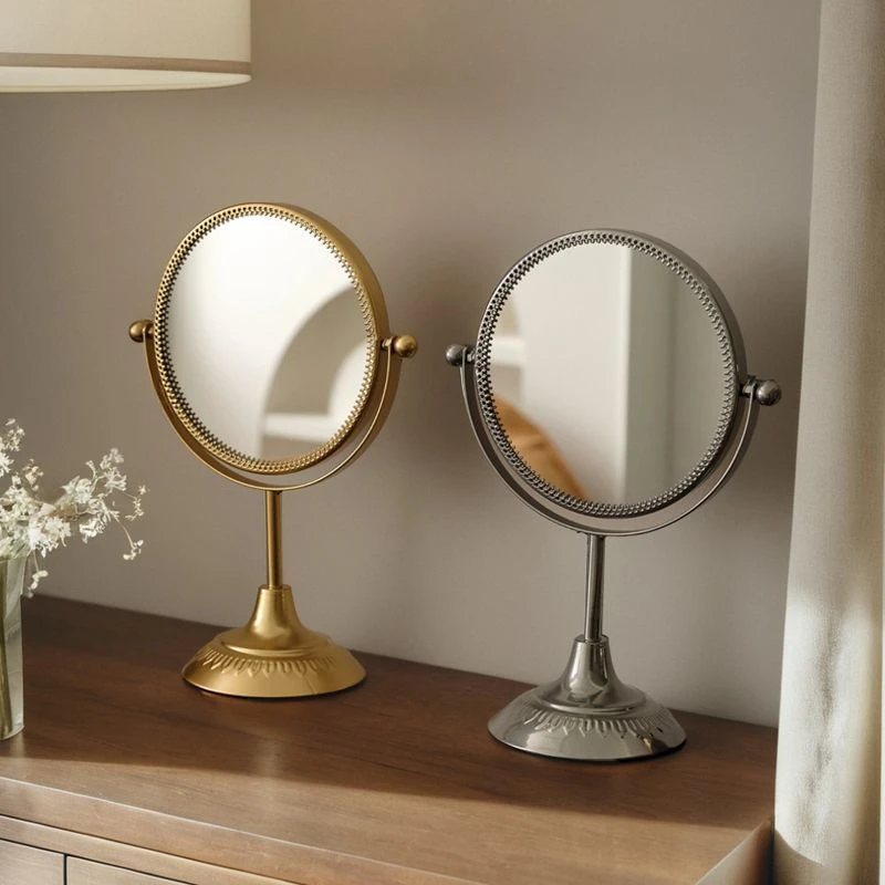 复古圆化妆镜台式桌面宿舍镜子高清卧室梳妆镜家用旋转梳妆台摆件
