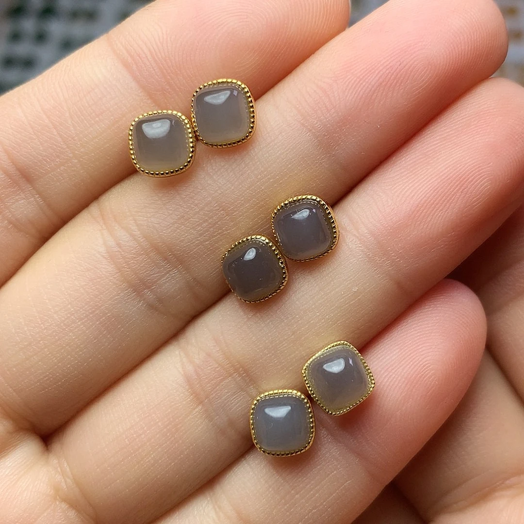 银S925镀金镶嵌和田玉（白玉）耳饰