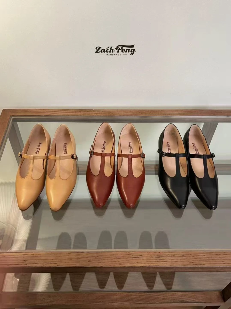zachpeng真皮森女尖头一字扣女鞋牛皮浅口zp女鞋手工单鞋 201-6