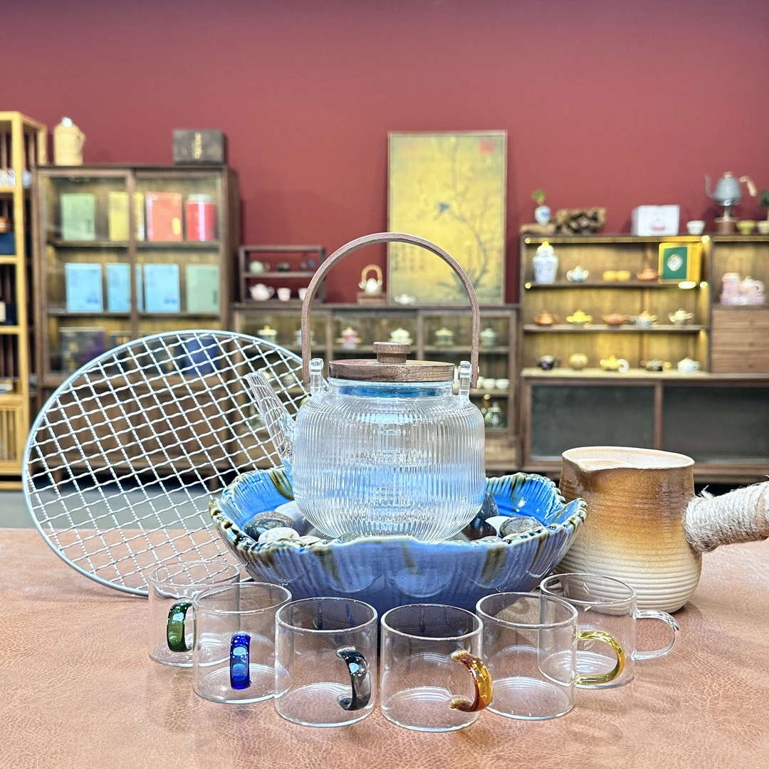 ZH2699-窑变蓝大号电陶炉+侧把壶+6杯+玻璃提梁壶