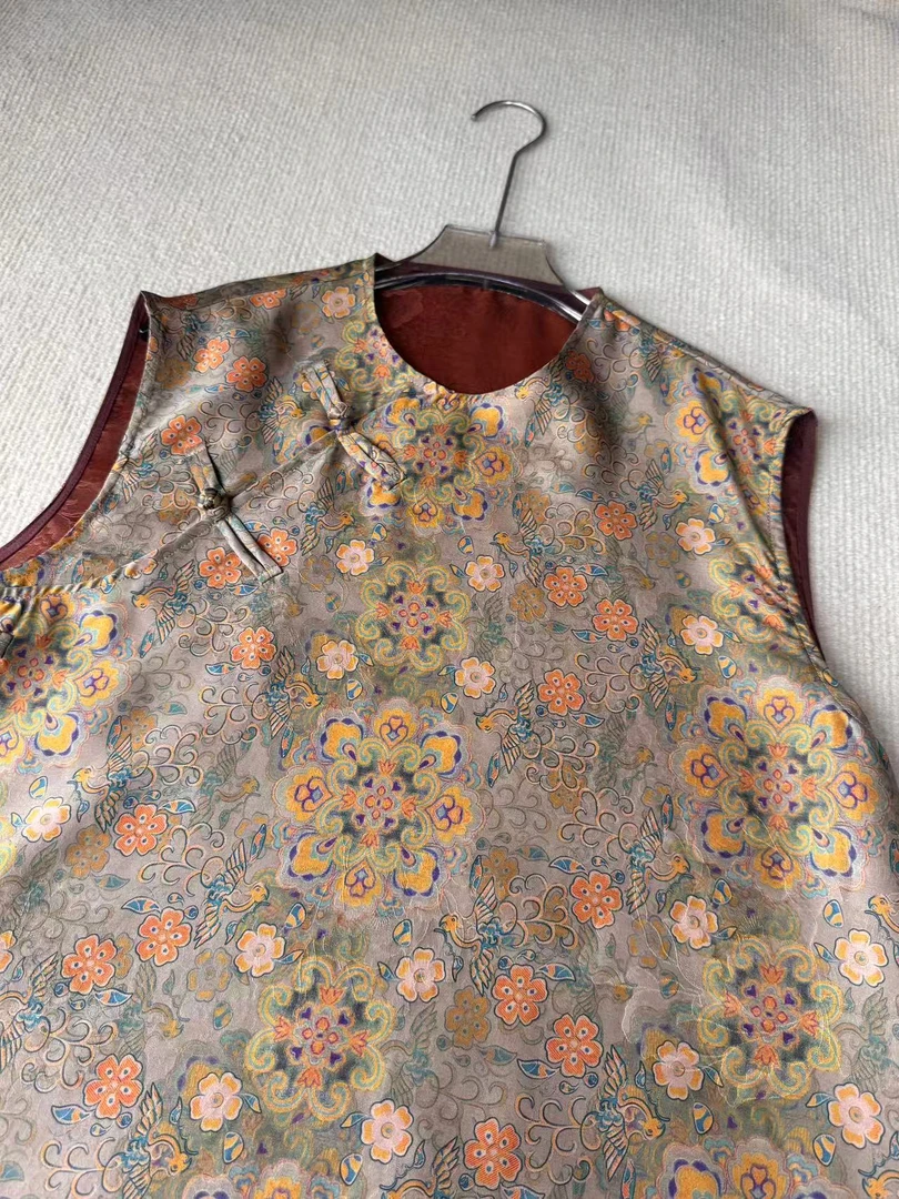 【90裙长喜鹊宝相花奥黛】100桑蚕丝新中式国风香云纱长马甲无袖