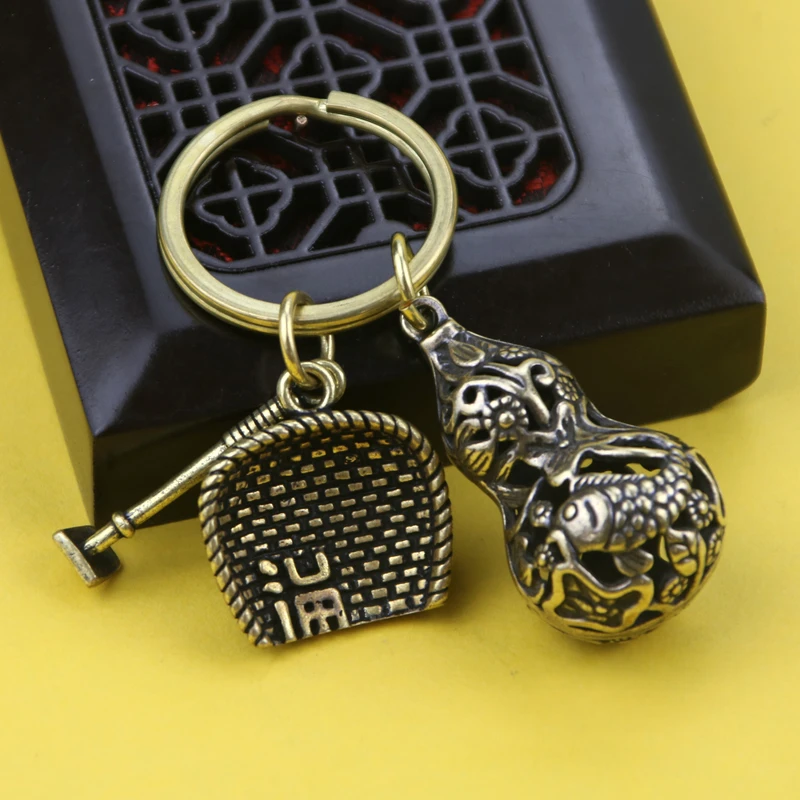 x中国风纯黄铜复古簸箕铜葫芦钥匙扣挂件创意汽车钥匙链挂饰礼品