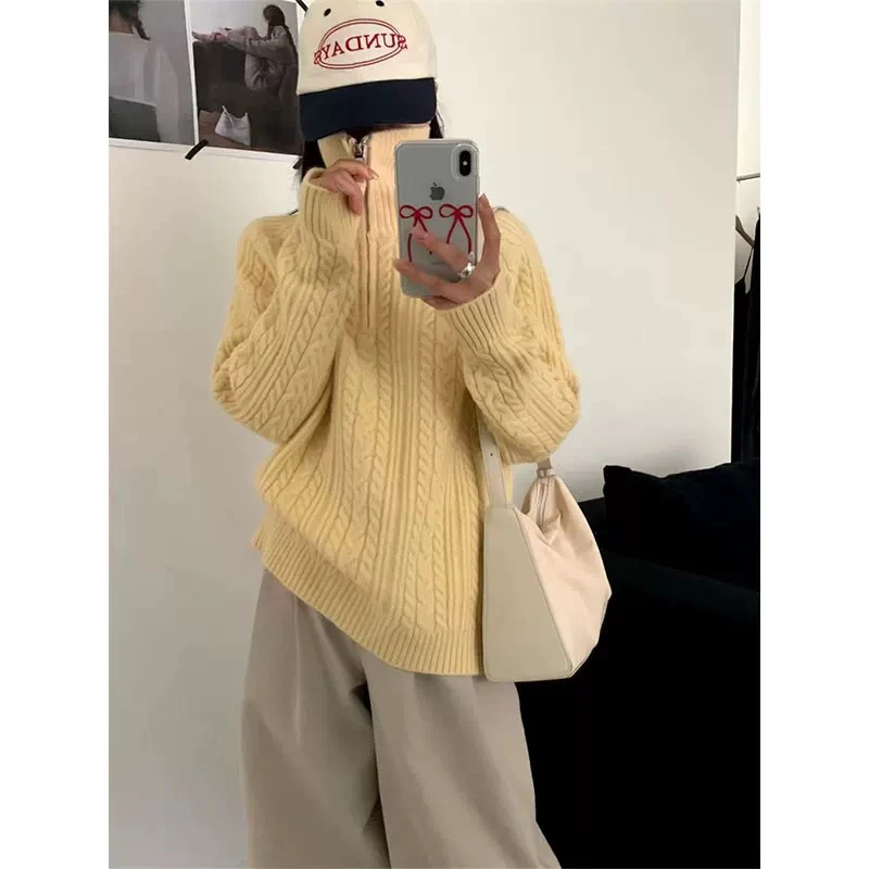 斌斌毛织2025早春新款欧货半高领麻花编织宽松显瘦百搭毛衣针8207