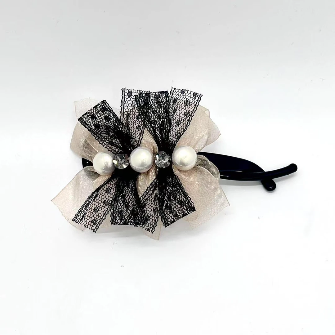 GREBUTY 6433 韩版蕾丝蝴蝶结黑色香槟色双拼扭扭夹10cm