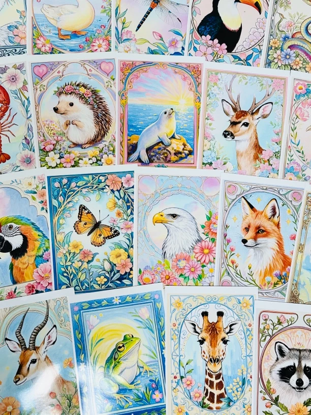 潮流装饰动物临摹卡儿童创意美术明信片马克笔色彩动物范图A530张