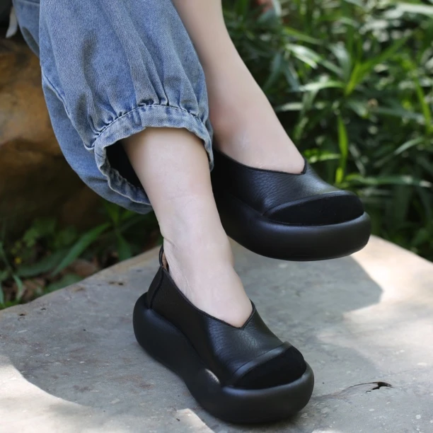 广州头层牛皮2025春夏新款松糕跟增高V口一脚蹬鞋女鞋999-11