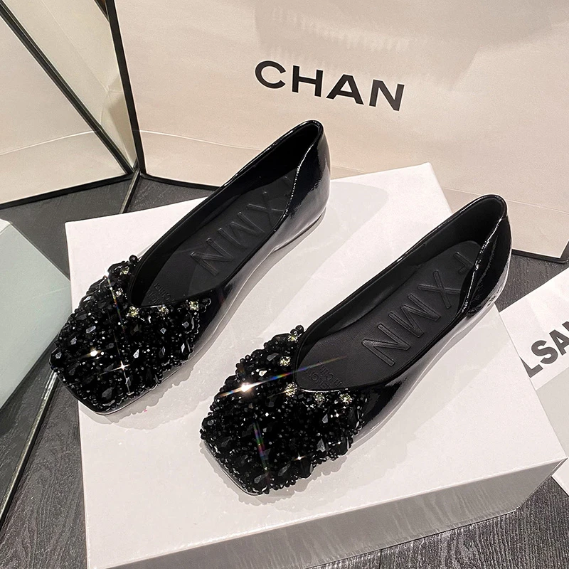 水钻方头女2025年新款春季浅口软底内增高高跟鞋豆豆鞋大码女鞋