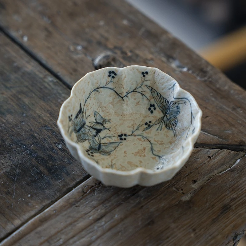 荼梦令纯焦糖手绘缠枝莲蝴蝶复古茶杯主人杯新款釉下彩青花茶器