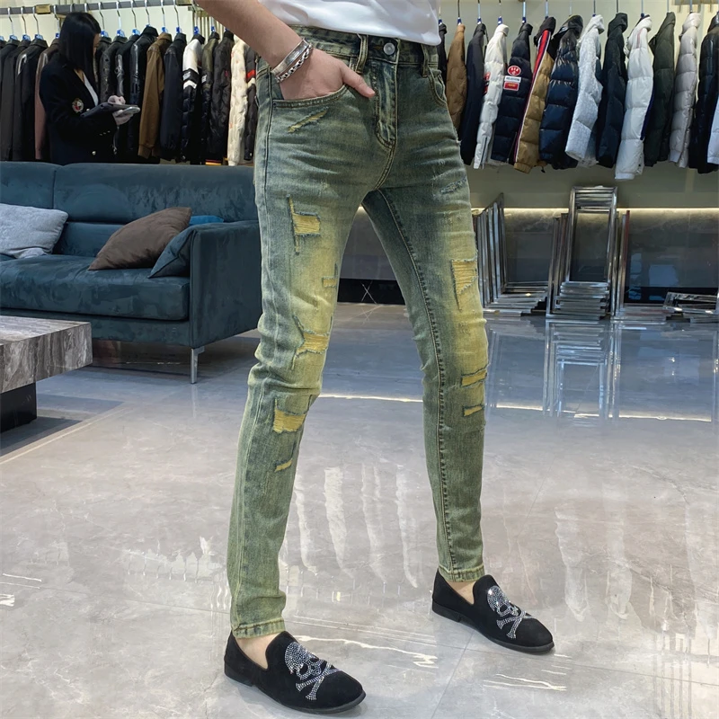 【也许家】新品男士夏季时尚破洞修身弹力小脚牛仔裤EE1385