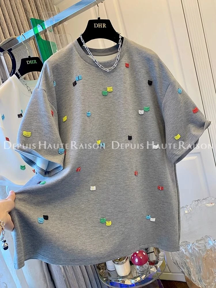 纯棉大码200斤独特韩版短袖T恤女刺绣时尚夏季宽松百搭圆领上衣潮