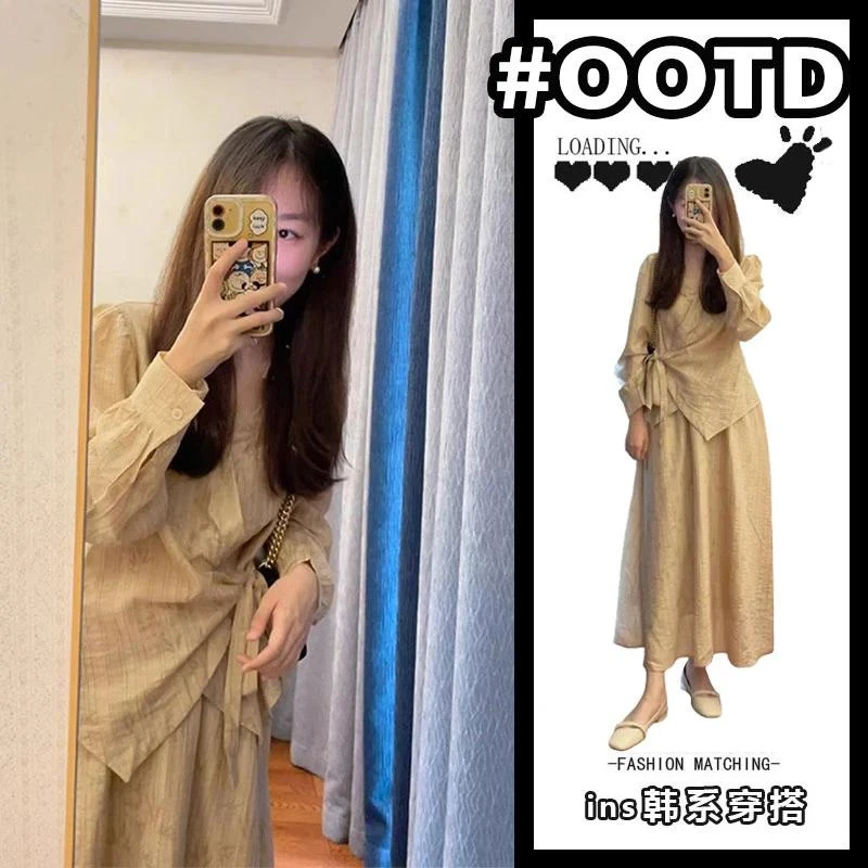 新中式国风温柔套装女2025春秋新款长袖绑带收腰上衣半身裙两件套