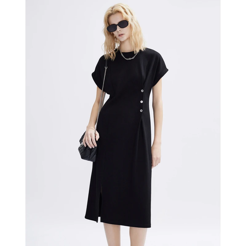 DKNY/唐可娜儿圆领短袖开衩连衣裙