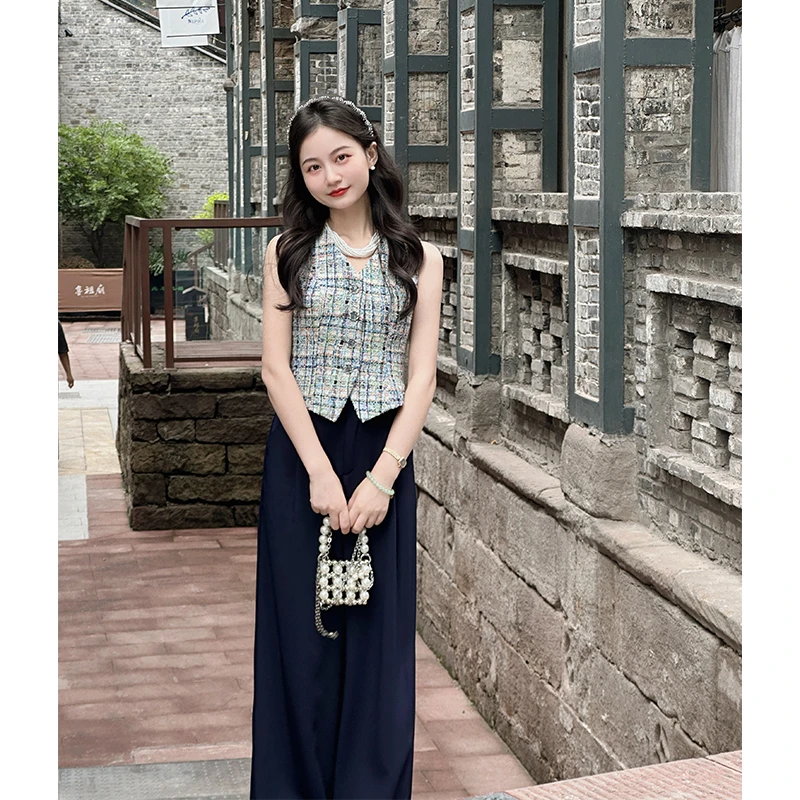 【雅致老钱】小个子定制彩色格子小香时髦短上衣藏青阔腿裤套装女