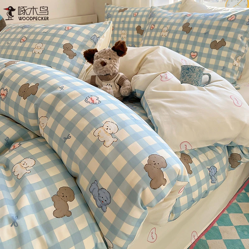啄木鸟全棉床上四件套纯棉2025新款卡通儿童被套床单床笠款三件套