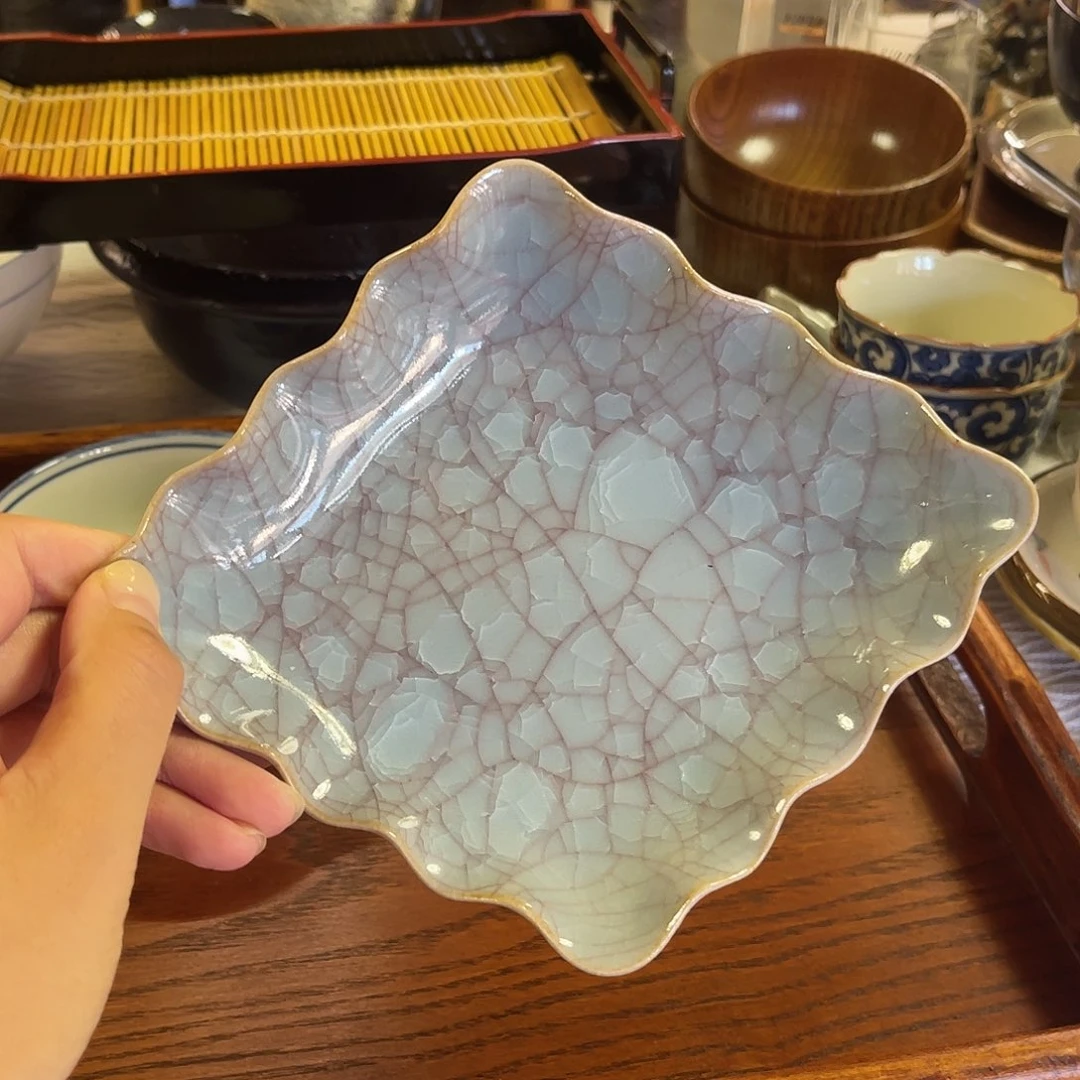 瓷片橘吉红灌入青釉冰裂棱形盘7