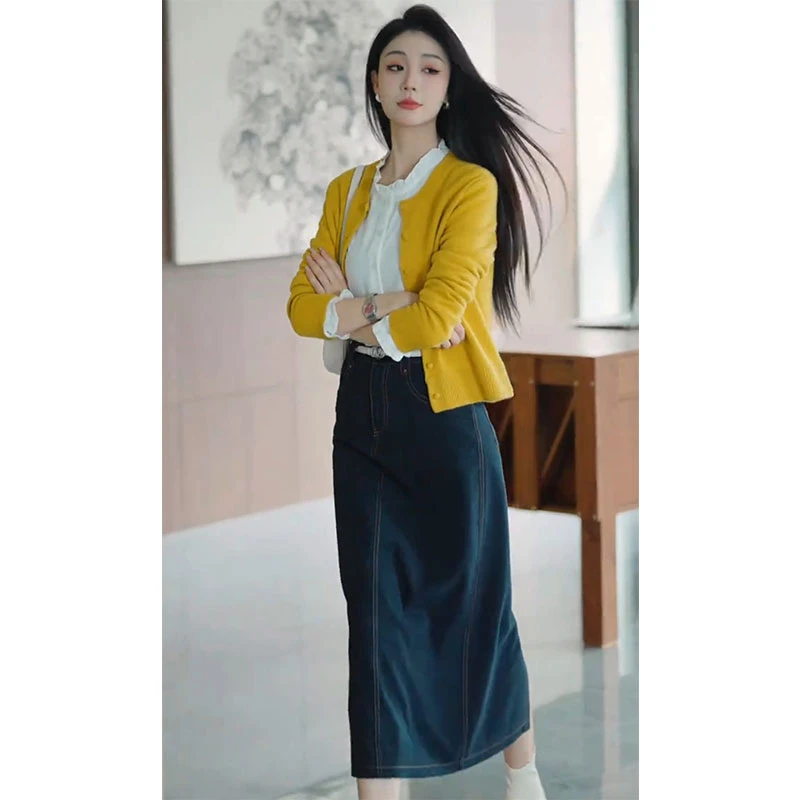 盐系减龄三件套时髦软糯长袖针织开衫韩版复古开叉仿牛仔半身裙子