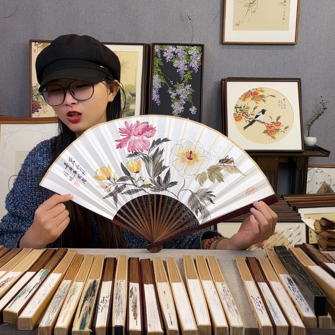 国画95寸红木-纯手绘-文玩扇骨（默认粘好）