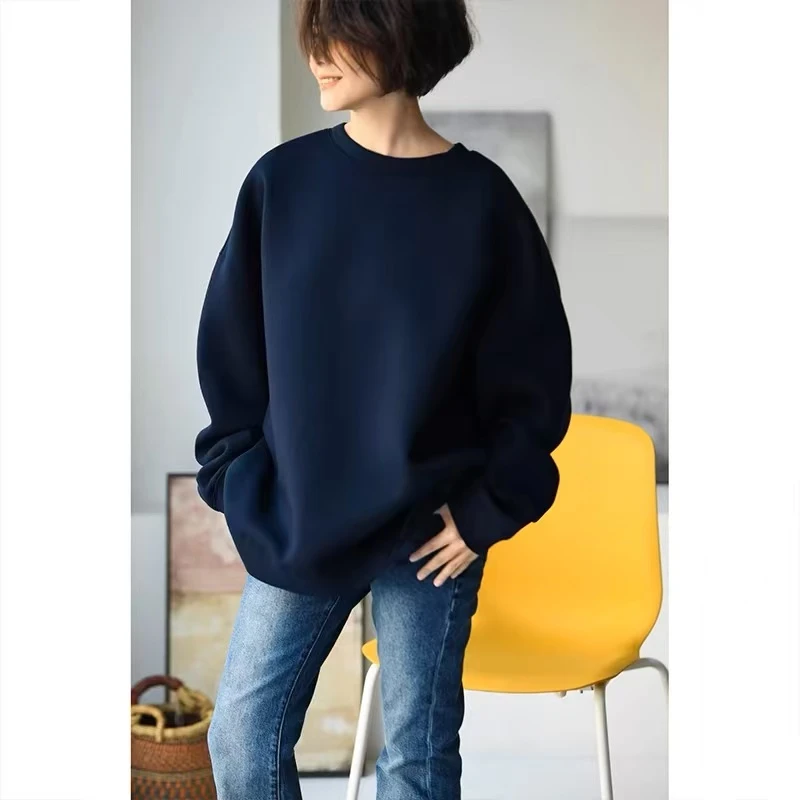 大码女装胖MM藏蓝色宽松显瘦设计感长袖卫衣2024新款时尚休闲上衣