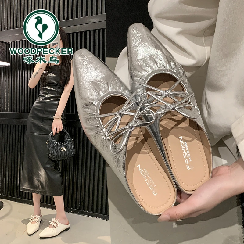 啄木鸟内增高白色温柔包头半拖鞋外穿2025春夏季蝴蝶结配裙子单鞋