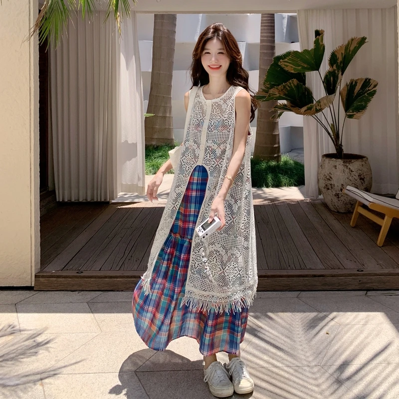 撞色格子吊带裙流苏蕾丝罩衫套装女2025夏季韩系宽松度假风两件套