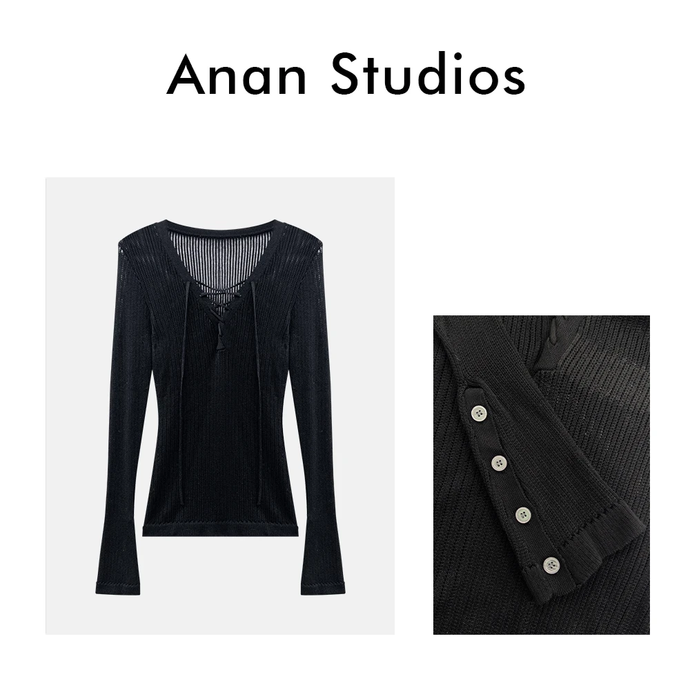 AAA038【空心格】新款韩系气质V领绑带修身显瘦收腰上衣