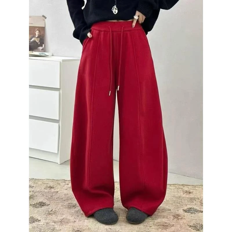 韩系红色加绒阔腿裤女冬季新款松紧腰系带宽松显瘦休闲运动裤