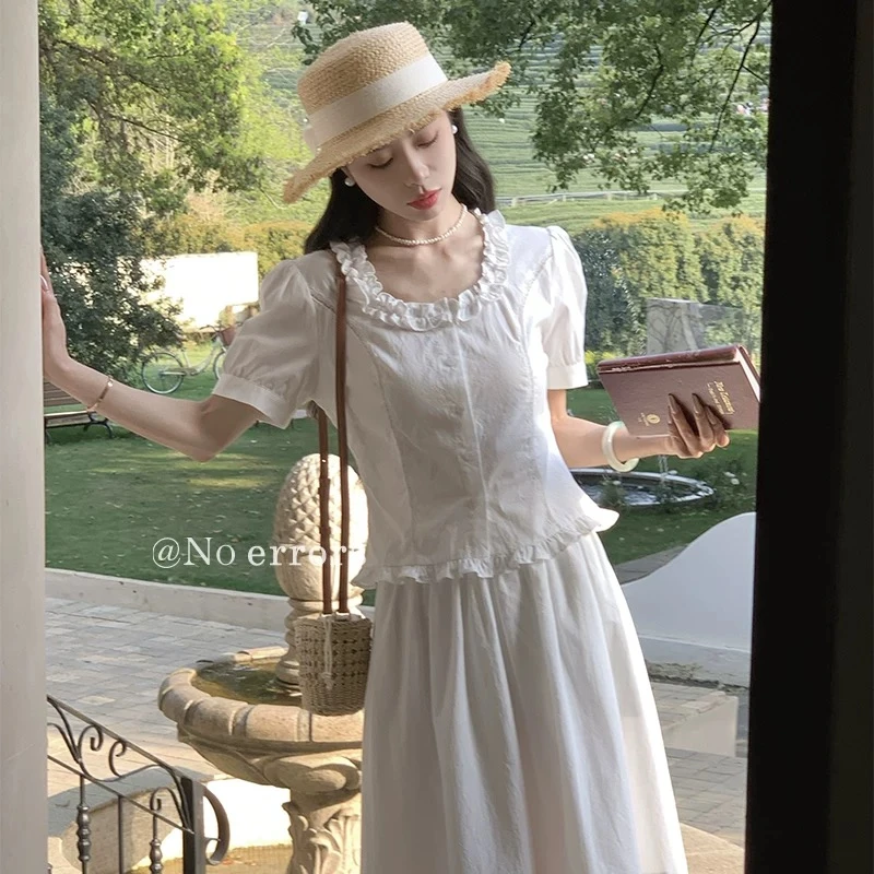 珩绣2025夏季新款优雅花边圆领收腰衬衫+半身裙套装JR-T20256