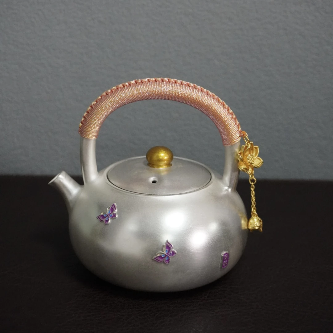 时节 银器提梁焗钉煮茶壶（诗文碳炉套组）