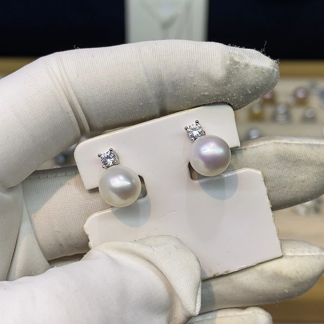 耳饰银S925镶嵌海水珍珠8/9澳白