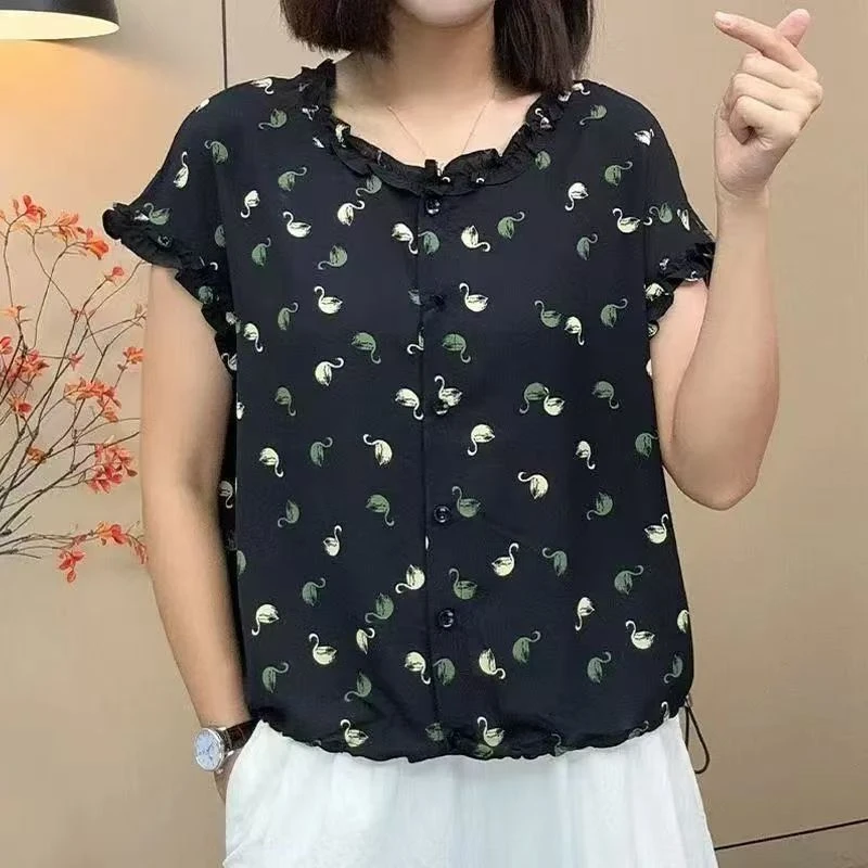 夏季圆领花边印花针织通勤风短袖常规款T恤花色中老年大码性感风