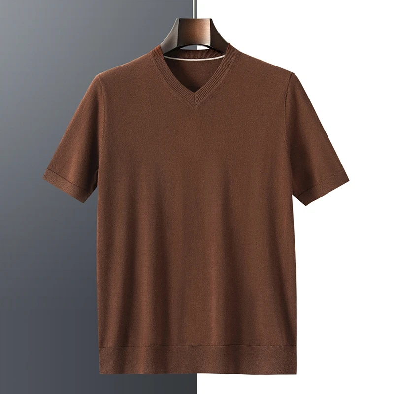 100%精纺纯山羊绒短袖男士商务休闲V领薄款针织T恤68/3支羊绒半袖