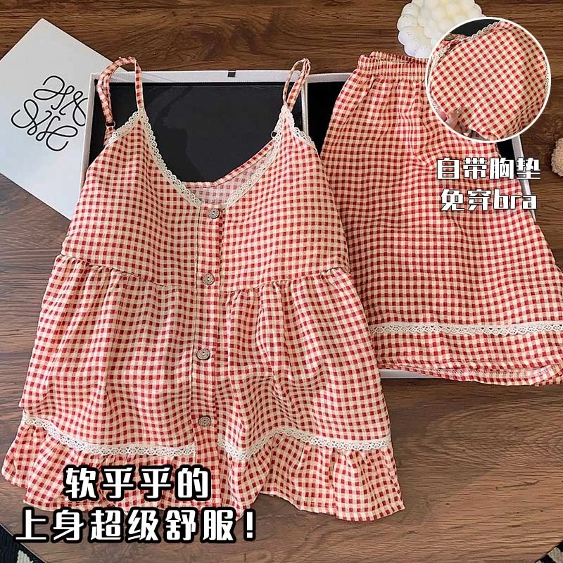 带胸垫睡衣女夏季吊带短裤云朵棉套装夏天2025新款甜美格子家居服