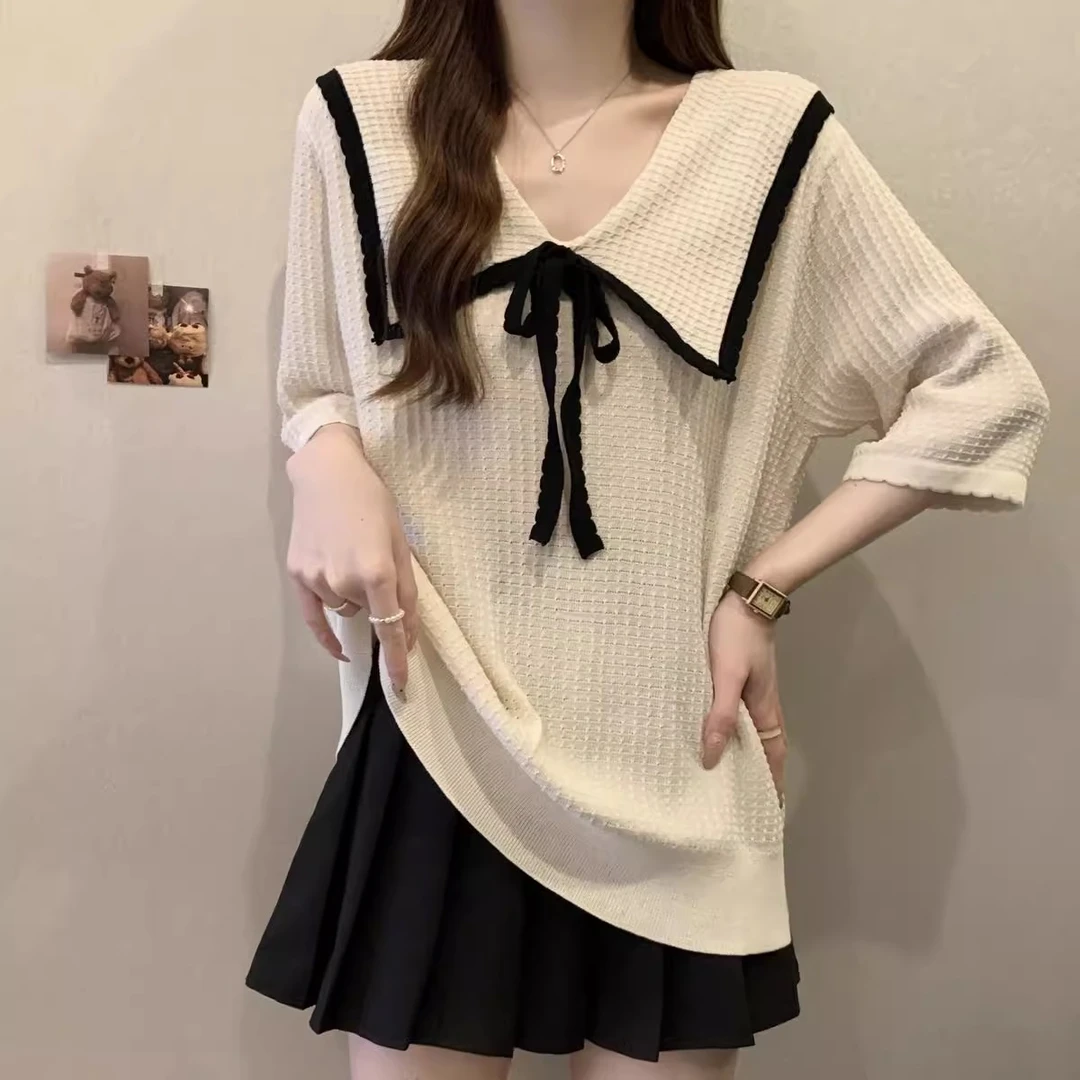 大码夏季娃娃领系带冰丝正肩短袖T恤女微胖妹妹休闲宽松气质上衣