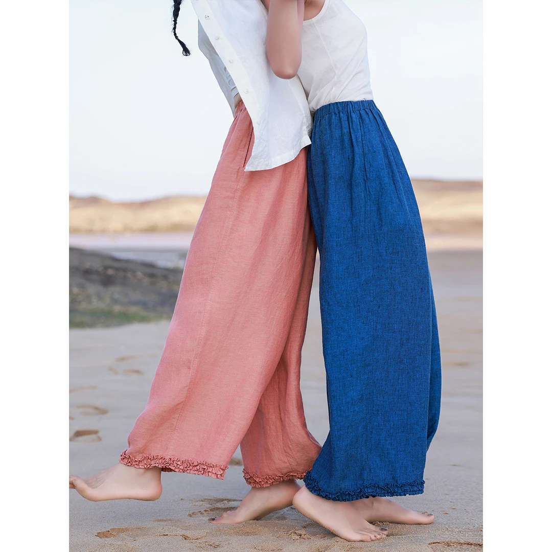 麻霖21支汉麻亚麻交织双色色织布荷叶边拼接显瘦清凉九分裤[夏至]