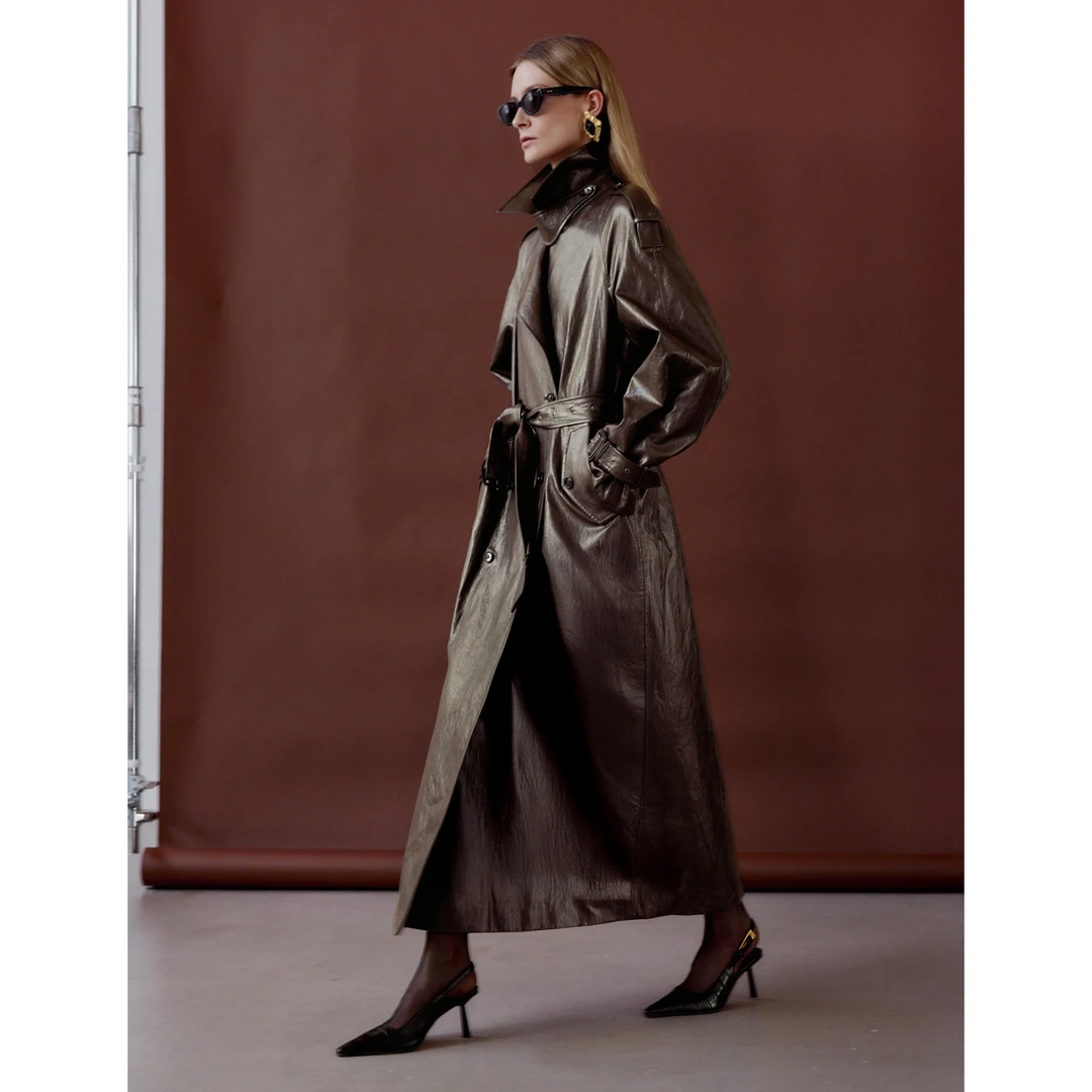 LYNEE【观境】漆皮压纹风衣女酷飒风长款pu皮衣外套LGD2FAL017