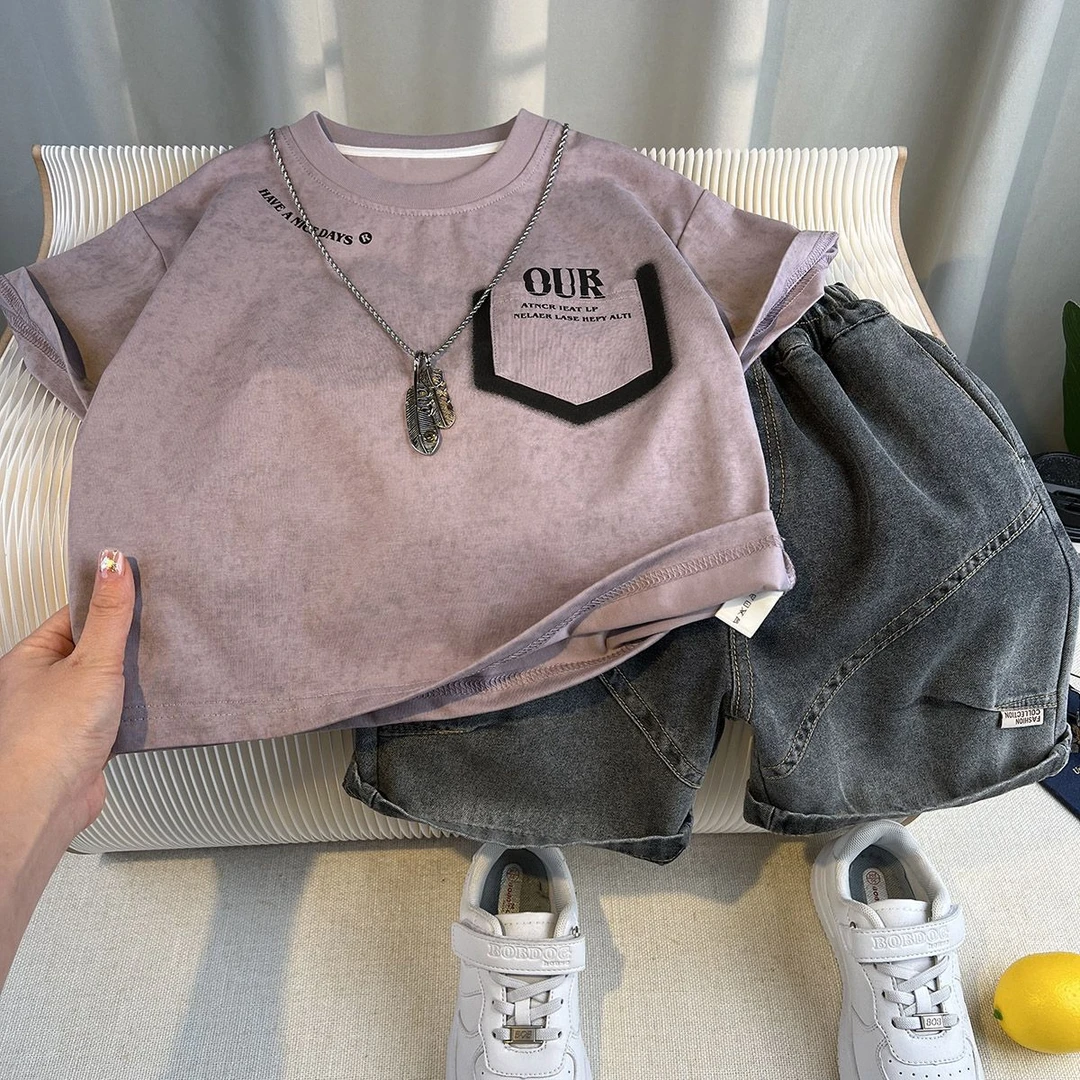 男童夏季套装2025新款帅气洋气时髦儿童短袖牛仔裤薄款纯色衣服