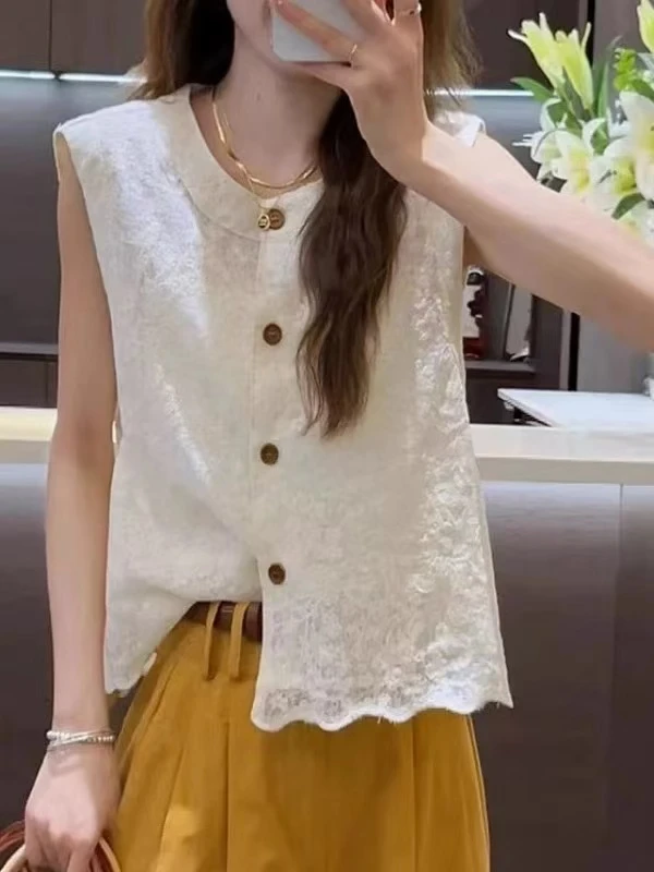 小香风提花蕾丝衫女夏季新款单排扣开衫无袖马甲显瘦上衣