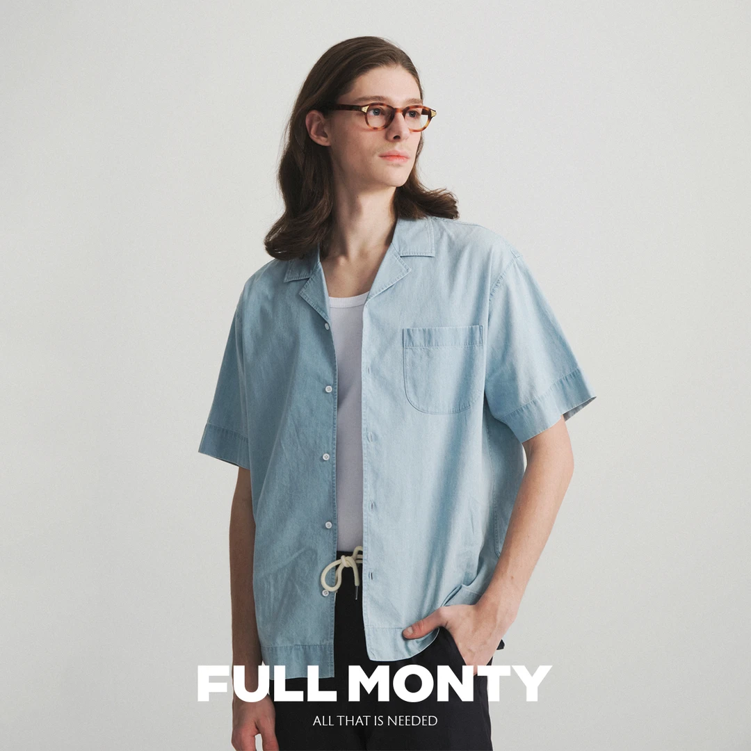 【水洗牛仔】春夏款浅蓝色古巴领男短袖衬衫纯棉宽松休闲衬衣