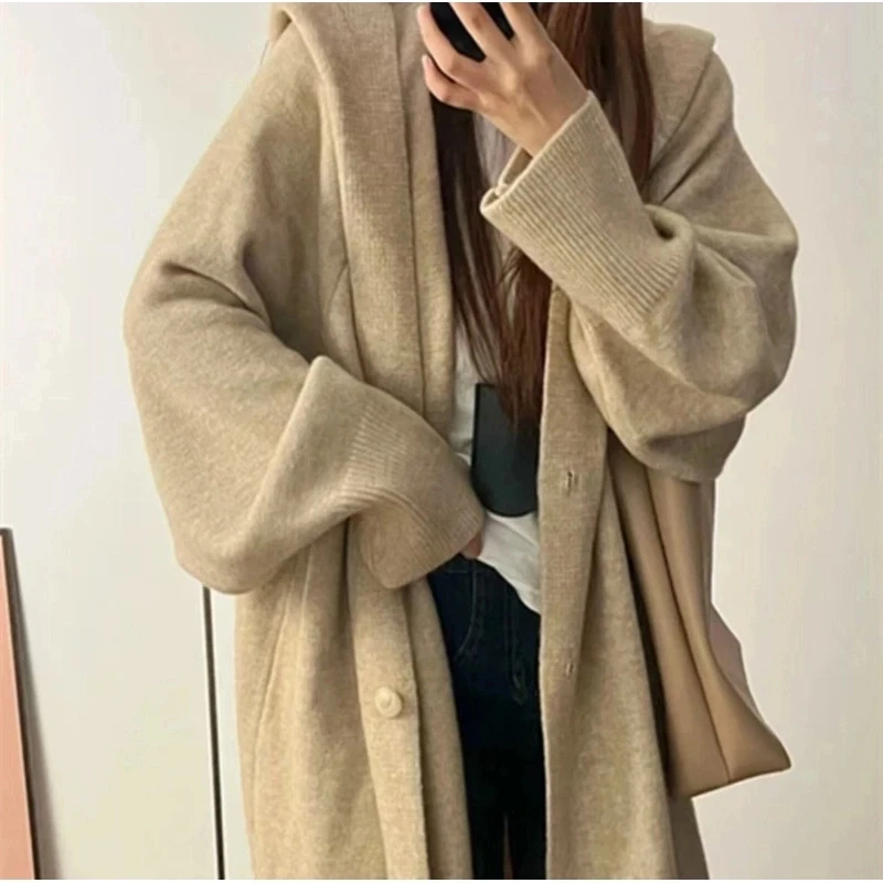 早春新款针织开衫女士中长款巫师帽毛衣外套宽松连帽大衣E738