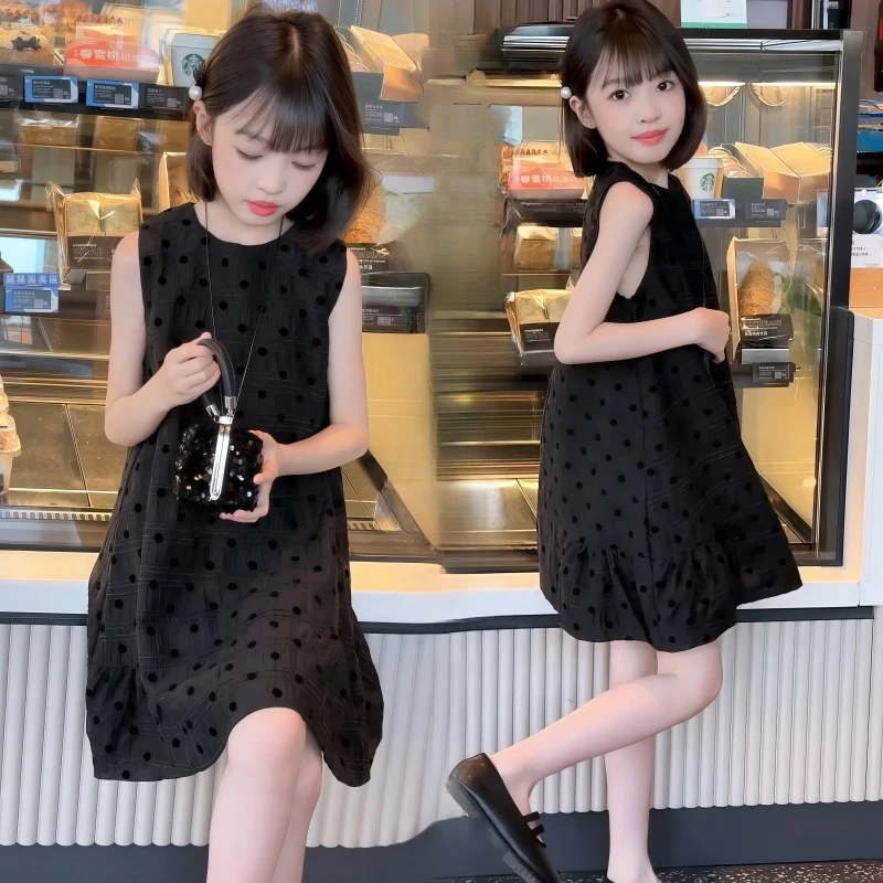 女童无袖连衣裙2025夏季新款儿童法式赫本风背心波点裙女生小黑裙