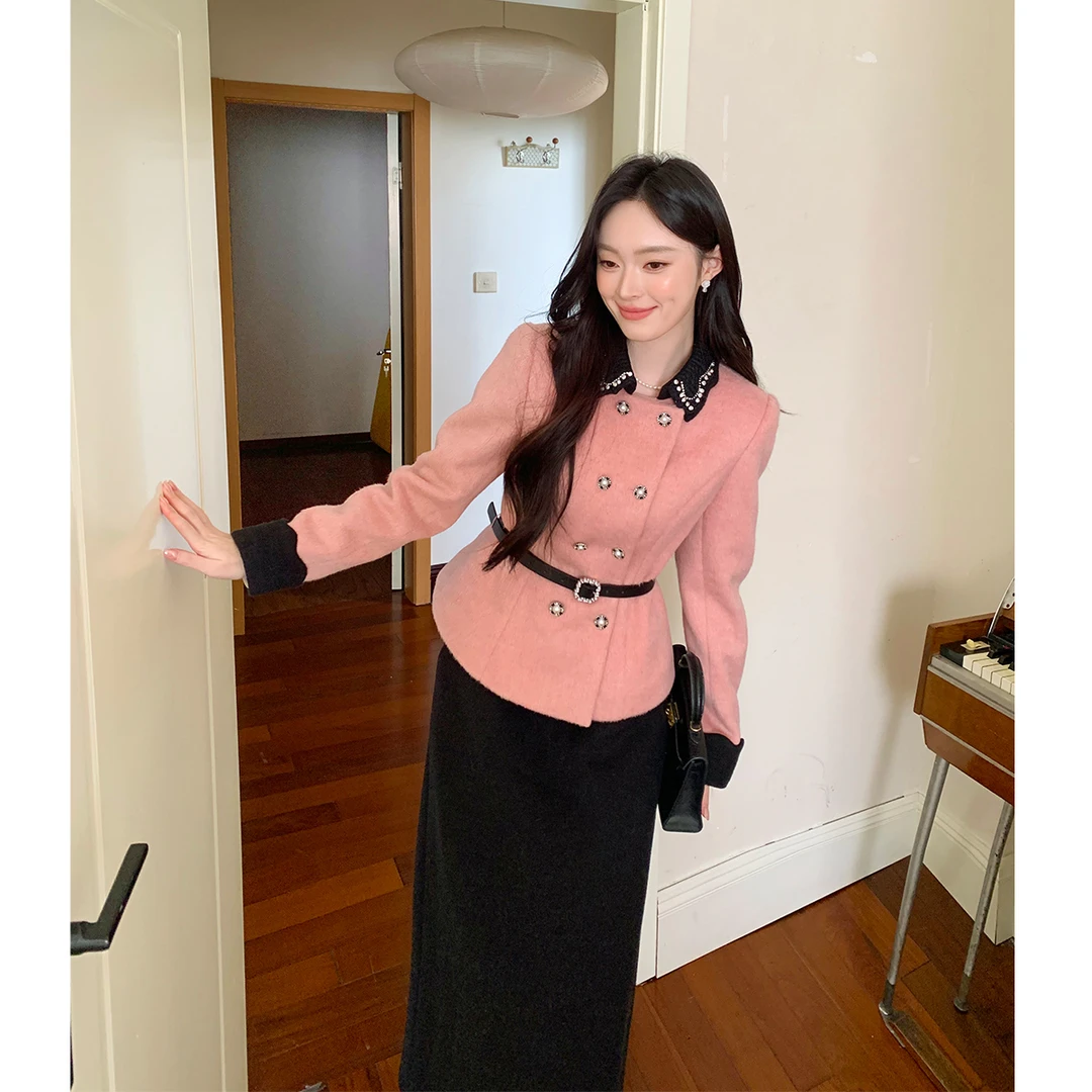 GERTCOREL2025新款冬季立体收腰小香风鹅绒外套羽绒服半裙套装女