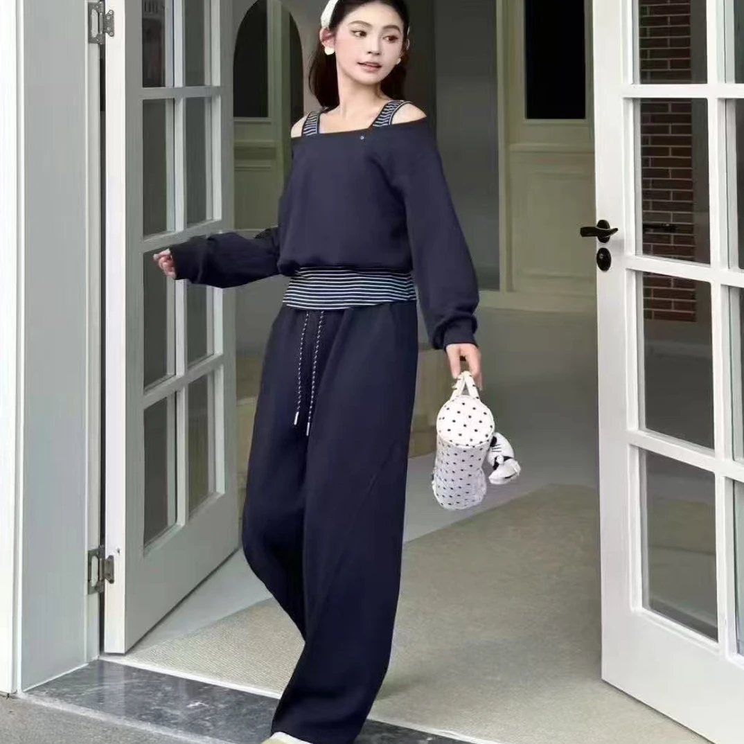 韩系学院风套装女秋季新款不规则斜肩T恤半身裙两件套