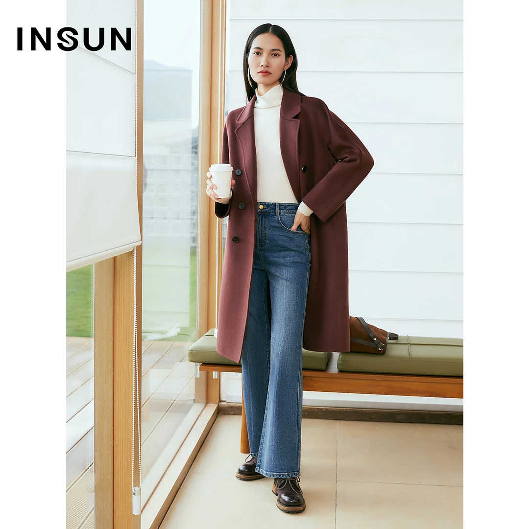 [琥珀流光风]INSUN恩裳专选冬季雅丹风气质中长款丝毛双面呢大衣