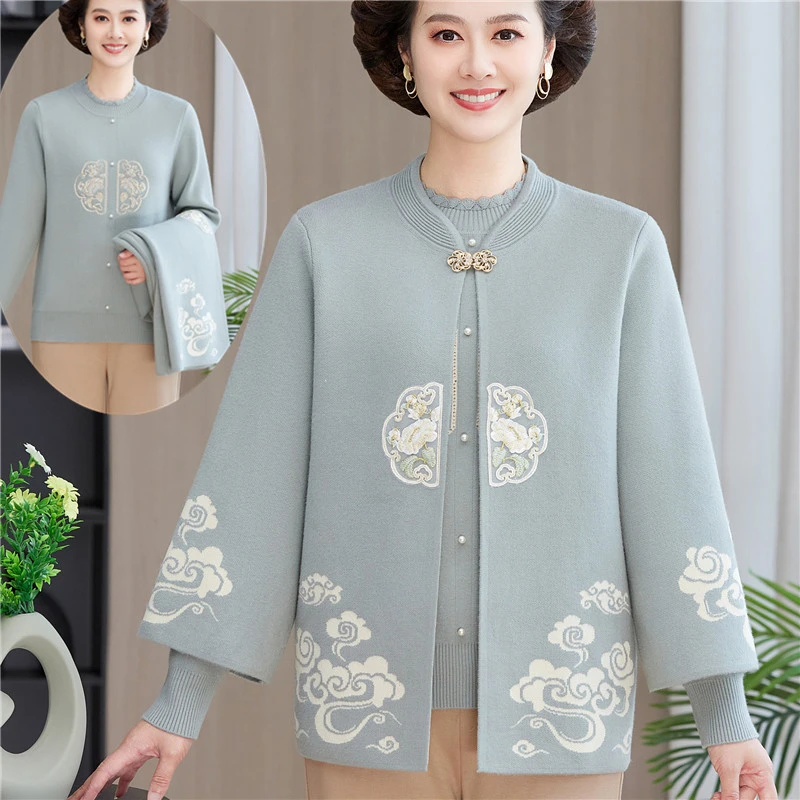 25新中式妈妈秋装针织衫两件套装中年女秋冬国风毛衣时尚开衫外套