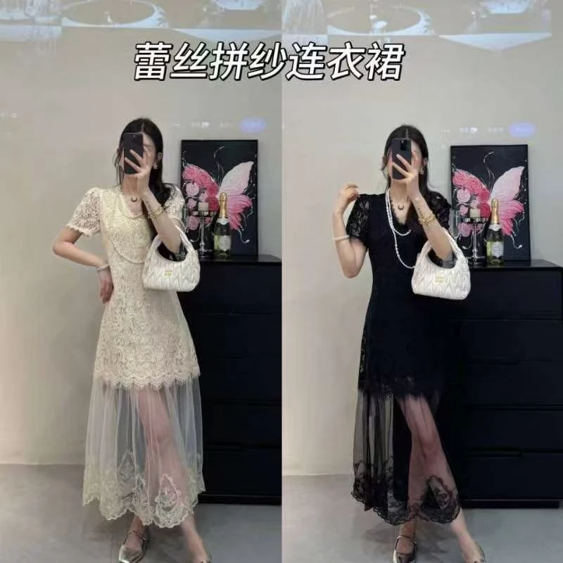 夏新款V领提花蕾丝网纱下摆连衣裙修身显瘦百搭长裙2500369