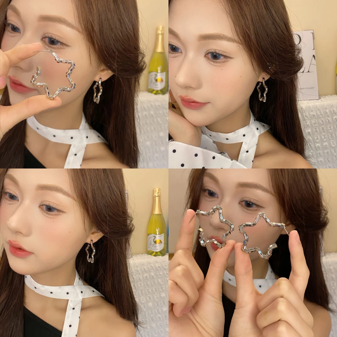 铜合金耳饰 星星耳圈女耳饰小众设计碎银串珠耳钉耳环