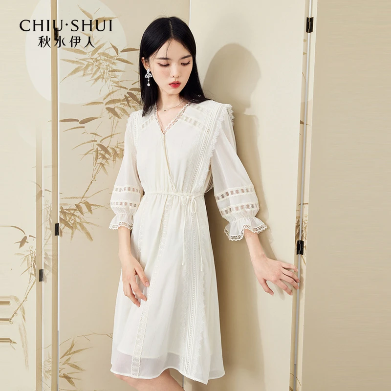 【艾美专属】秋水伊人雪纺显瘦V领设计感连衣裙夏季新款女