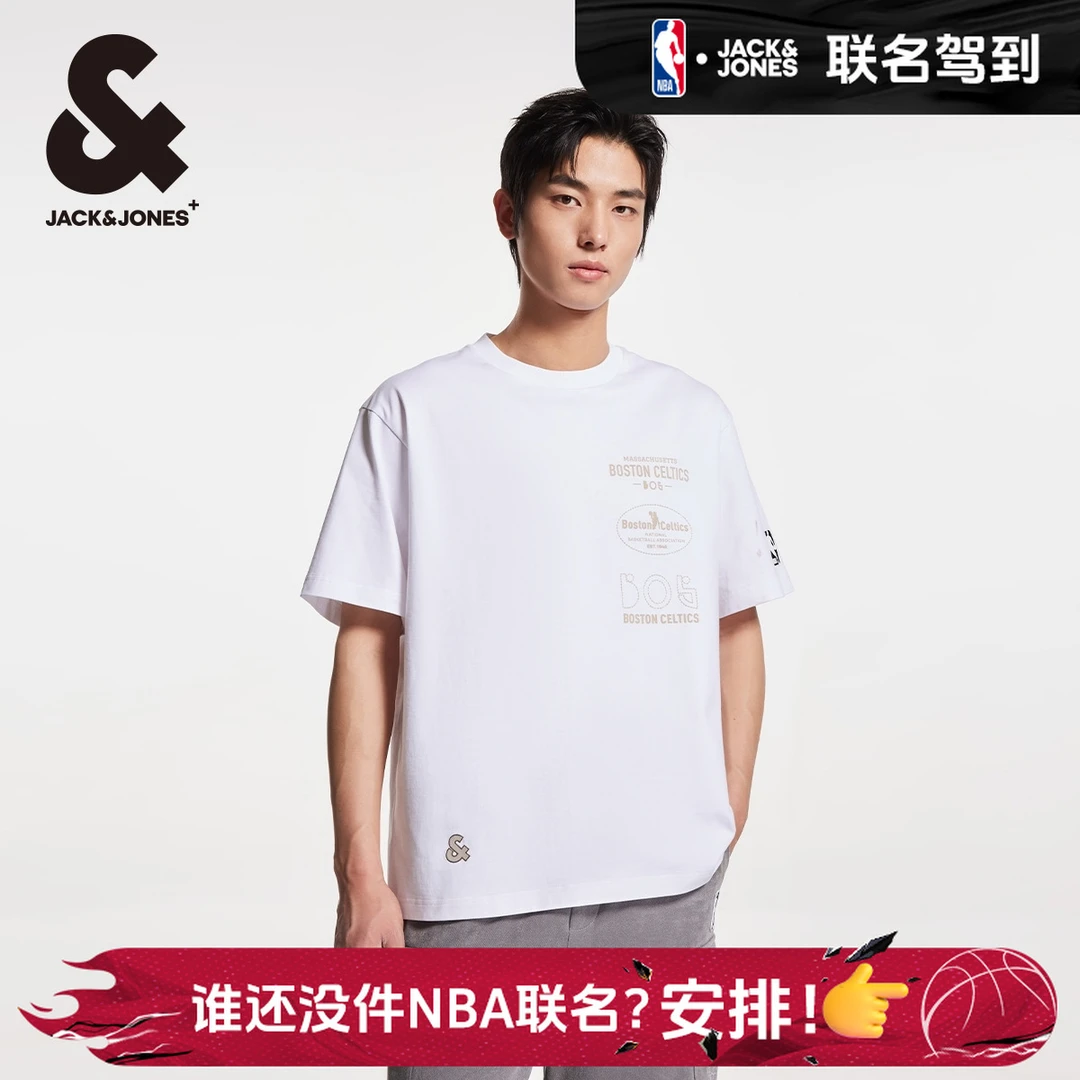 杰克琼斯NBA联名款秋季字母胶印时尚百搭宽松休闲圆领T恤上衣